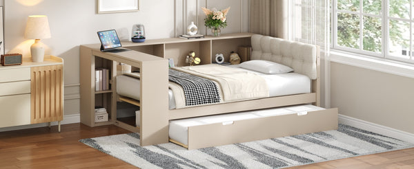 English Elm Wood Twin Platform Bed Linen Headboard Storage Shelves Trundle Charging Station Cream N709P004023C