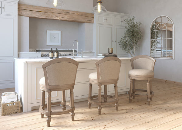 English Elm 26" Farmhouse Barrel Back Swivel Counterstool Upholstered Wood Frame Kitchen Island Seating Gray B2751P436472