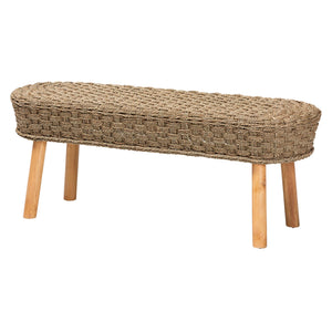 English Elm Modern Woven Seagrass Acacia Wood Bench Organic Boho Accent for Entryway or Bedroom B2750P467726