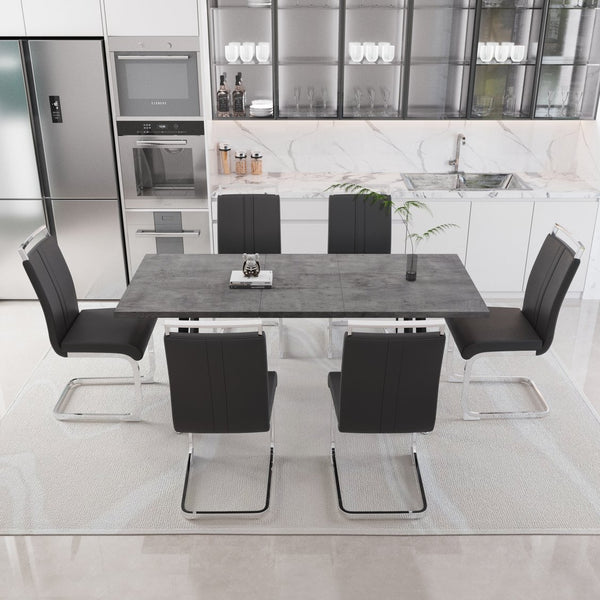 English Elm 55.12-70.87" Expandable Square Dining Set Seats Six with Cushioned Faux Leather Chairs Grey W2189S00905