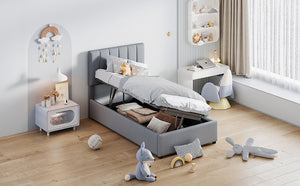 English Elm Twin Upholstered Hydraulic Storage Bed with Vertical Stripe Headboard, Space-Saving Modern Platform Gray SF000185AAE