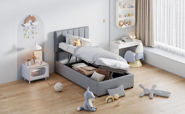 English Elm Twin Upholstered Hydraulic Storage Bed with Vertical Stripe Headboard, Space-Saving Modern Platform Gray SF000185AAE