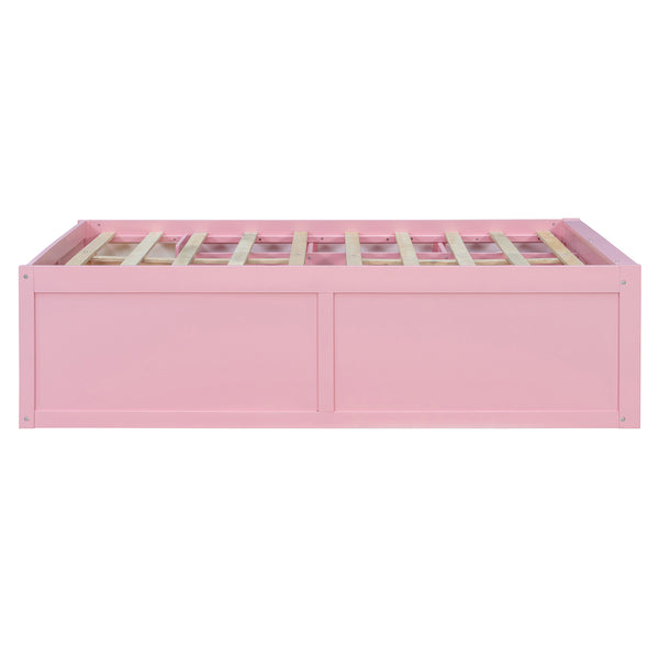 English Elm Full Size Kids Platform Bed with Led Lighting Bookshelf Display Cabinet and Storage Drawer Pink+White N820S00077H