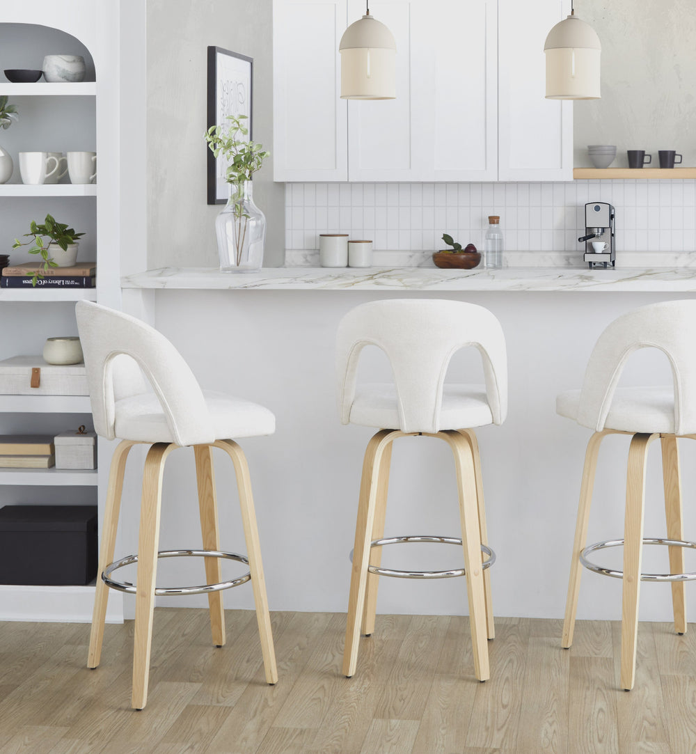 English Elm Fixed-height Swivel Barstools with Bent Wood Legs White Upholstery Chrome Footrest 2 Pack B202S01878