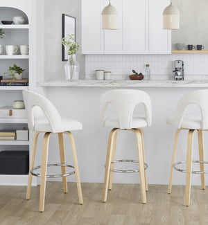 English Elm Fixed-height Swivel Barstools with Bent Wood Legs White Upholstery Chrome Footrest 2 Pack B202S01878