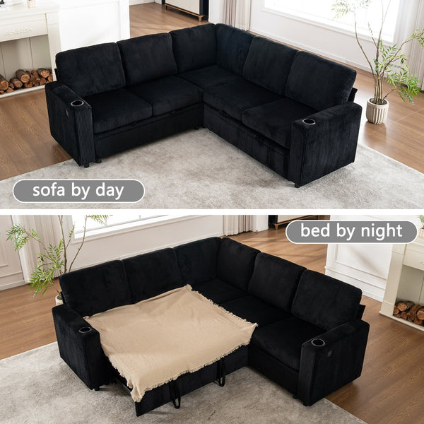 English Elm Sectional Corduroy Sleeper Sofa with Storage and Charging Ports for Small Spaces Black W1361S00078