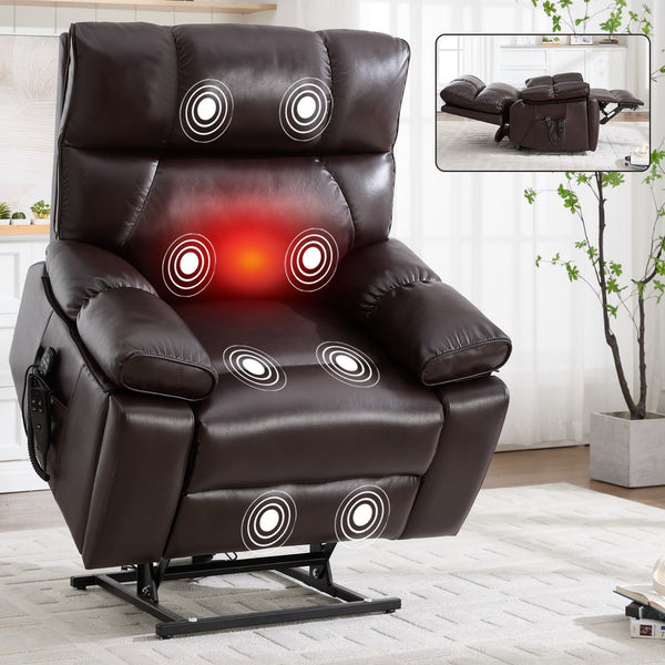 English Elm Brown Leatheraire Power Lift Recliner Dual Motor Massage Heat Heavy Duty 350lb W1803P340308
