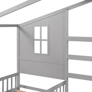 English Elm Wood House Bed L Shaped Twin Frame Solid Pine Kids Bedroom with Fence Rail Slats LP001345AAE