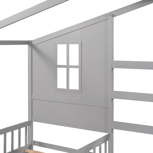 English Elm Wood House Bed L Shaped Twin Frame Solid Pine Kids Bedroom with Fence Rail Slats LP001345AAE