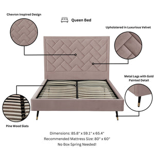 English Elm Crosby Upholstered Velvet Queen Bed In Blush – Chic Chevron Headboard, No Box Spring Needed, Easy Setup B365S00036