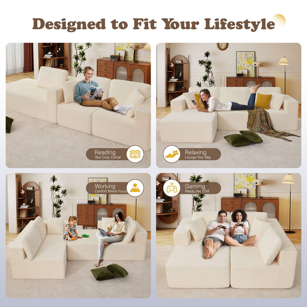 English Elm 109" Cloud Modular Sectional Corduroy Sofa Deep Seat L-shape Chaise for Living Room Beige W1521S00089