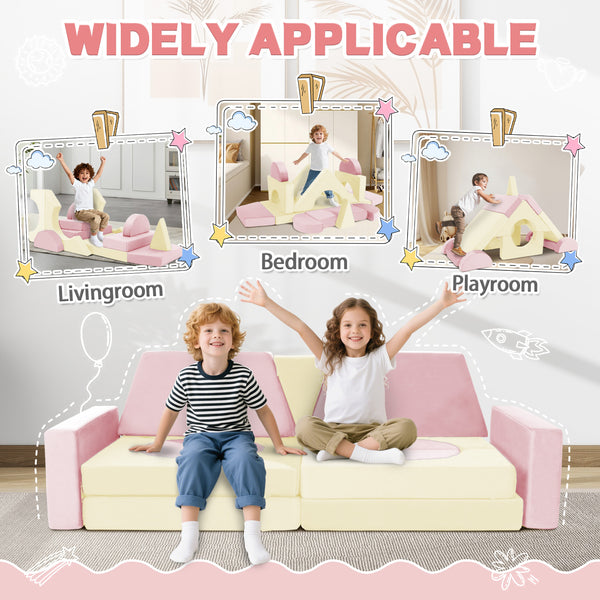 English Elm 14pcs Modular Foam Play Couch Set Convertible Toddler Fort Builder for Playrooms Pink+White T5880P493448