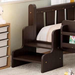 English Elm Twin Pine Floor Bed for Kids with Side Bookcases Built-in Stairs and Safety Guardrails Espresso W1580P390217