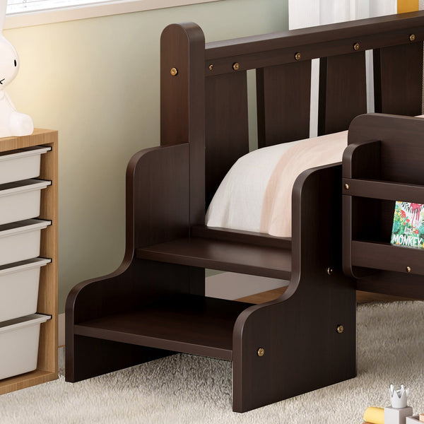 English Elm Twin Pine Floor Bed for Kids with Side Bookcases Built-in Stairs and Safety Guardrails Espresso W1580P390217