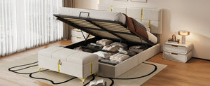 English Elm 2-pieces Queen Platform Bed Set Pu Upholstered Hydraulic Storage with Gold Accent Ottoman N733S362242A