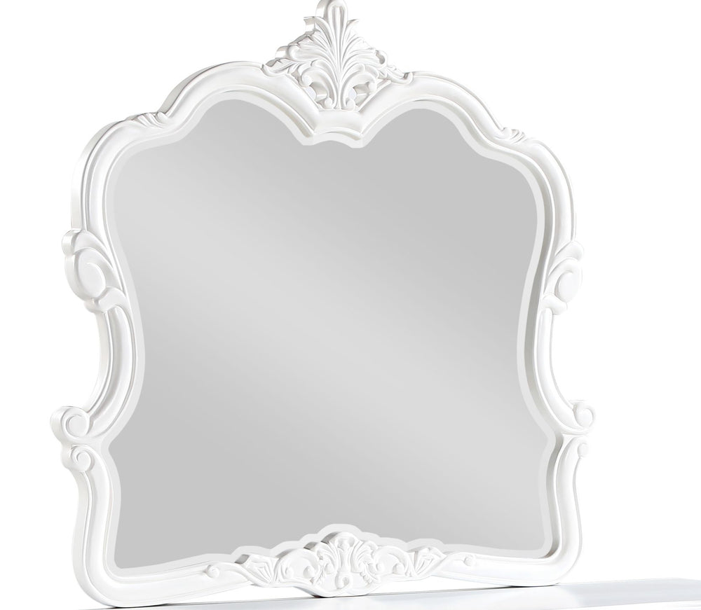 English Elm Opulence Pearl White Wood Mirror with Carved Frame, Vintage-Modern Bedroom Accent, 45"W x 44.5"H B009P240962