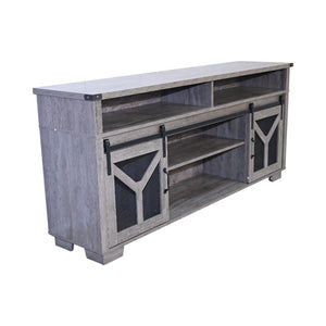 English Elm 65.3" TV Stand with LED Ambience, Sliding Iron Mesh Barn Doors, Y-Accent Rustic Farmhouse Storage Antique Gray W1412P271801