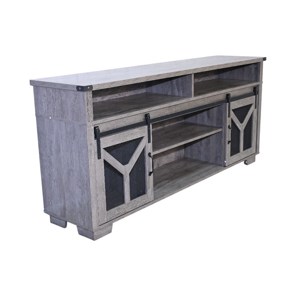 English Elm 65.3" TV Stand with LED Ambience, Sliding Iron Mesh Barn Doors, Y-Accent Rustic Farmhouse Storage Antique Gray W1412P271801