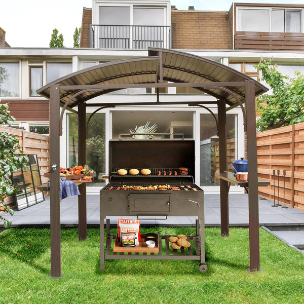 English Elm 8x5FT Arc Roof Grill Canopy with Double Galvanized Steel Roof, Sturdy Frame, Side Shelves, Bottle Opener Brown W1859S00075