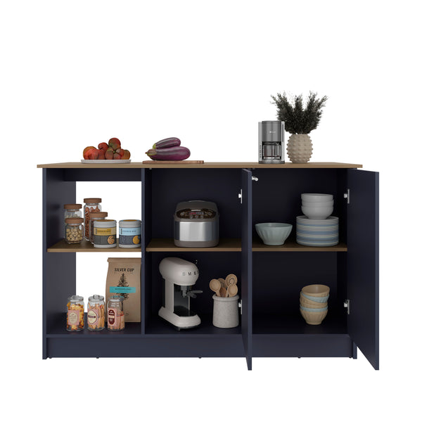 English Elm Juniper Multicolor Kitchen Island with 59" Deep Worktop, Double-Door Cabinet & Open Shelves, Modern Finish B070S00392