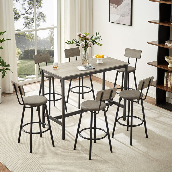 English Elm Pub Industrial Style 7-Piece High Dining Set with Steel Frame, PU Padded Bar Chairs, Adjustable Feet Grey W1668P193689