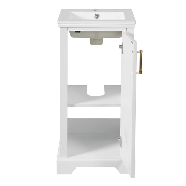 English Elm 16-inch French Bathroom Vanity with Ceramic Undermount Sink, Soft-Close Door, Vintage Carvings, White N710P330979K