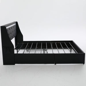 English Elm Queen Platform Bed Wingback Diamond Quilted Headboard Led Lighting Storage Drawers Black W5722P462684