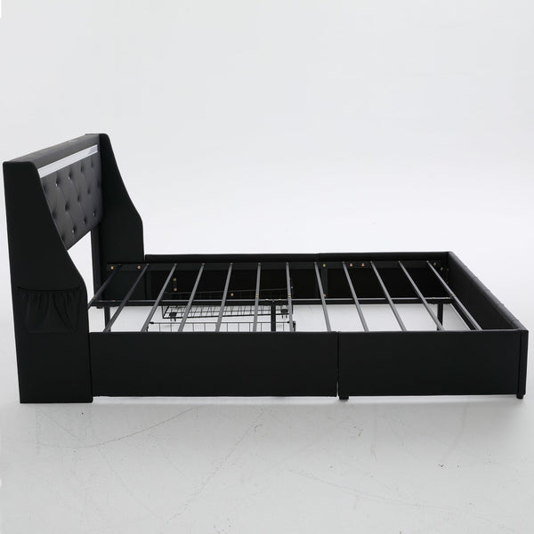 English Elm Queen Platform Bed Wingback Diamond Quilted Headboard Led Lighting Storage Drawers Black W5722P462684