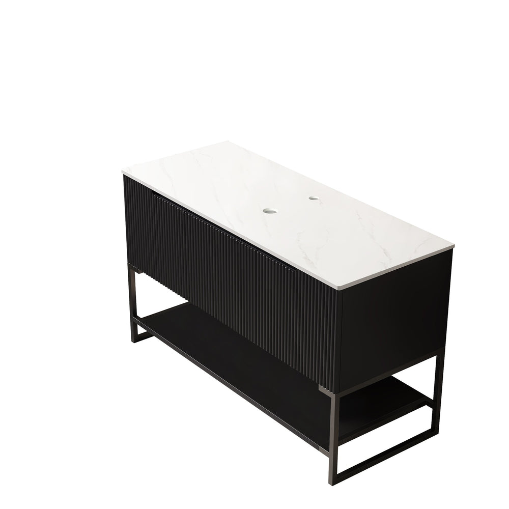 English Elm 48" Freestanding Bathroom Vanity Matte Black Cabinet Carrara Sintered Stone Top Open Shelf W2615P340356