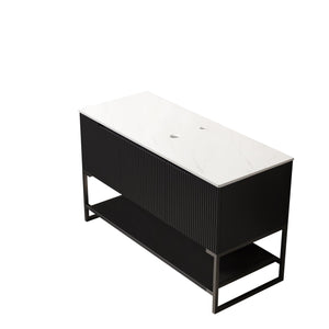English Elm 48" Freestanding Bathroom Vanity Matte Black Cabinet Carrara Sintered Stone Top Open Shelf W2615P340356