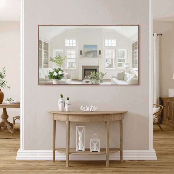 English Elm 60*36" Oversized Modern Rectangle Bathroom Mirror with Walnut Aluminum Frame Removable Tray, Versatile Wall or Floor Mount, HD Reflection and Durable Design W708P297589