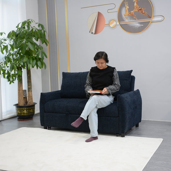 English Elm 57.48" Navy Line Velvet Sofa Bed with Adjustable 3‑Angle Backrest, Memory Foam Chaise, Modern Loveseat Sleeper (Navy) W1183S00023