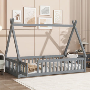 English Elm Twin Teepee Floor Bed With Guardrails And Slats - Cozy, Durable Design For Imaginative Kids' Rooms W504P345780-GIGA