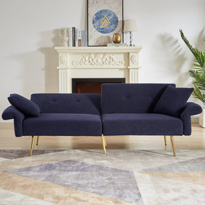 English Elm Modern Teddy Upholstered Loveseat Sofa Bed with Side Pocket, Adjustable Back & Gold Legs, Dark Blue W1117P303450