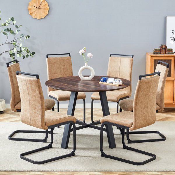 English Elm Table And Chair Set - 42-Inch Round Modern Dining Table With 6 Stylish Brown Fabric Chairs, Versatile Design W1151S03756-GIGA