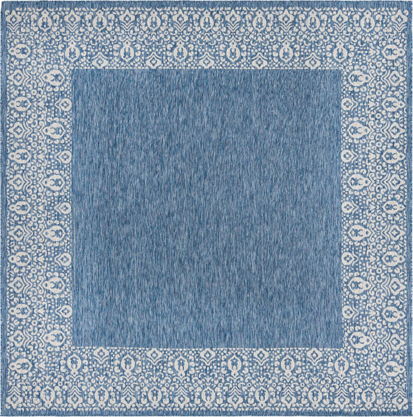 Unique Loom Outdoor Border Floral Border Machine Made Floral Rug Blue, Ivory 10' 8" x 10' 8"