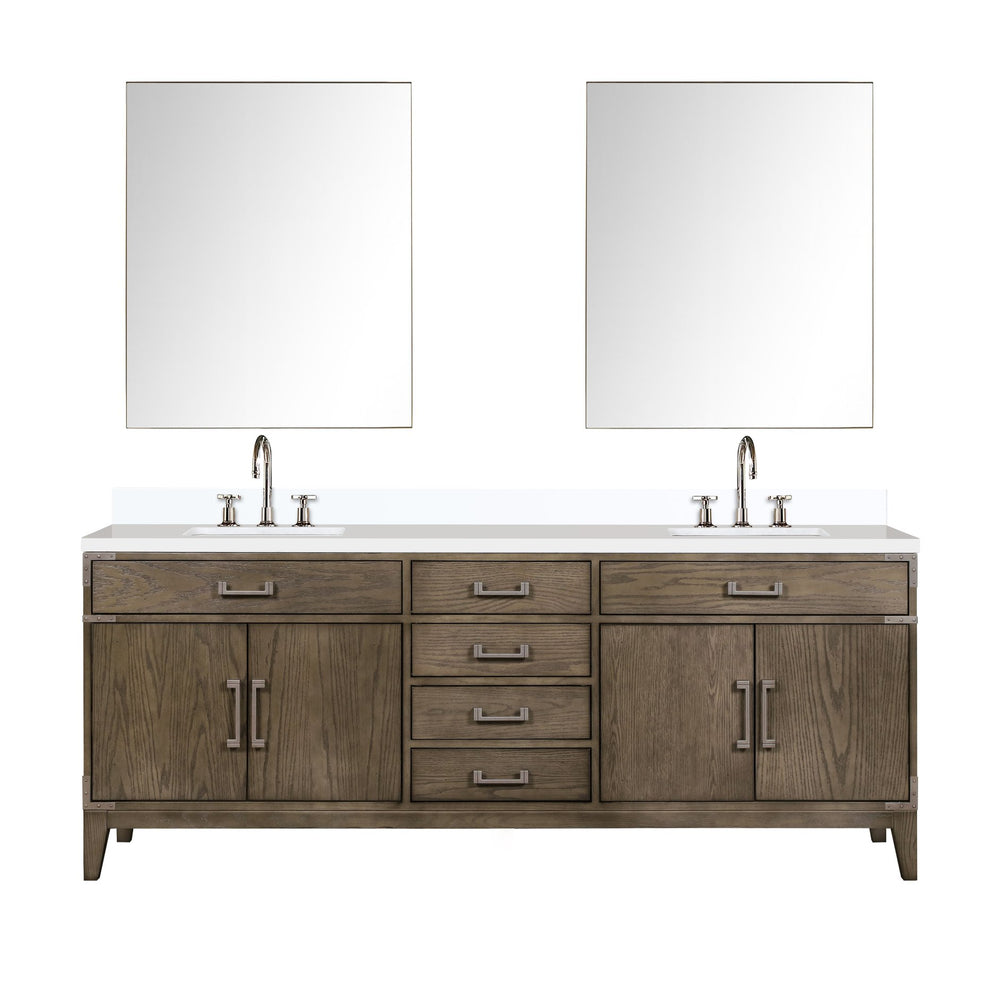 English Elm Grey Oak Double Bath Vanity Set With White Quartz Top, Faucets, And 36" Mirrors For Stylish Bathrooms B2731S01885