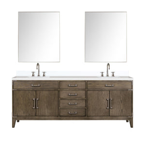 English Elm Grey Oak Double Bath Vanity Set With White Quartz Top, Faucets, And 36" Mirrors For Stylish Bathrooms B2731S01885