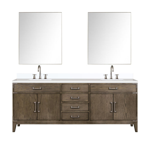 English Elm Grey Oak Double Bath Vanity Set With White Quartz Top, Faucets, And 36" Mirrors For Stylish Bathrooms B2731S01885