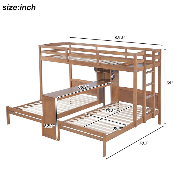 English Elm Twin Triple Bunk Bed with Built in Desk Open Shelving and Led Task Lighting Natural N7090002243N