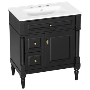 English Elm 30" Freestanding Bathroom Vanity Rubberwood Frame Ceramic Sink Flip Drawer Storage Black N725P356062B
