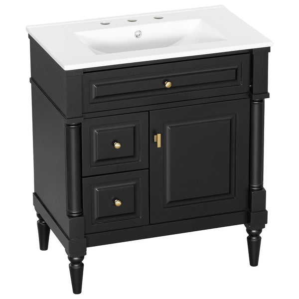 English Elm 30" Freestanding Bathroom Vanity Rubberwood Frame Ceramic Sink Flip Drawer Storage Black N725P356062B