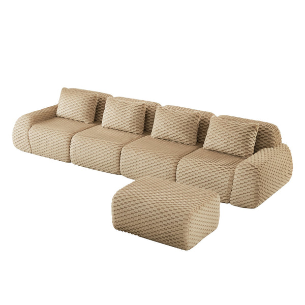 English Elm 146" Modular L-shaped Sectional Flannelette Sofa with Ottoman Tool-free Living Room Setup Light Camel W714S01515