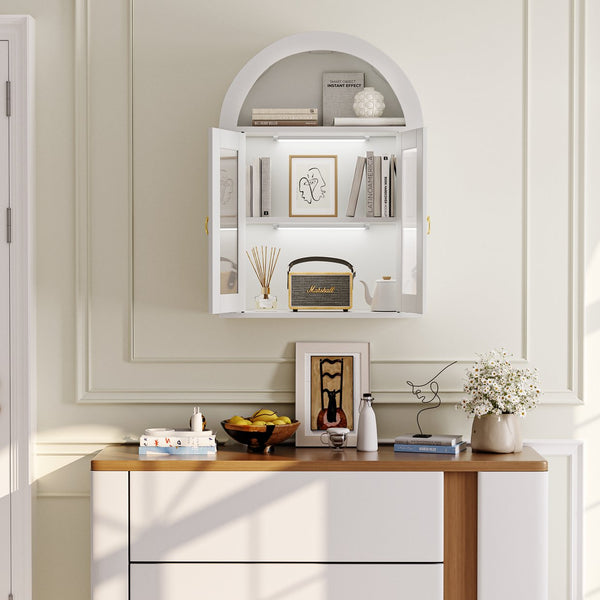 English Elm Wall Mounted Arched Cabinet Tempered Glass Doors Led Lighting Adjustable Shelves Bathroom White T3210P471554