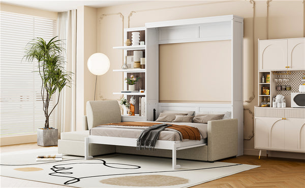 English Elm Queen Wall Bed with Linen Sofa and Open Shelving for Studio or Guest Room LP000592AAK-1