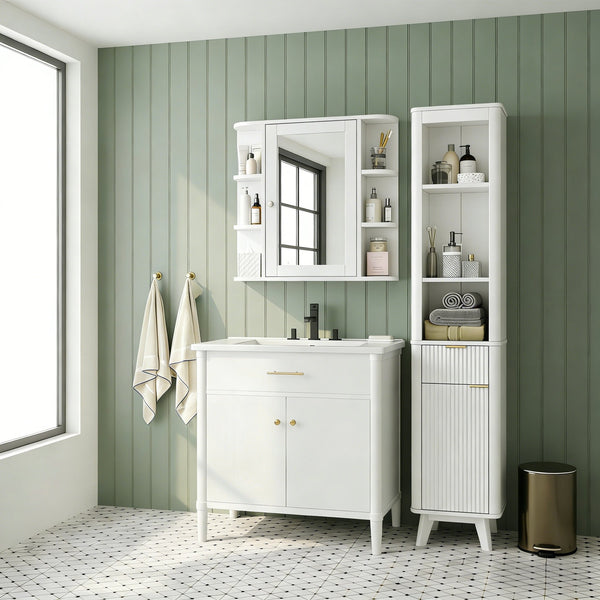 English Elm Bathroom Wall Cabinet with Mirror Door Open Shelving and Adjustable Interior Storage White N817P375228W