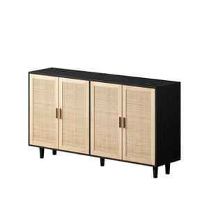 English Elm 62.20"Elegant 4-Door Rattan Storage Cabinet with Solid Wood Legs, Spacious Shelves & Easy Assembly Black W757P190068