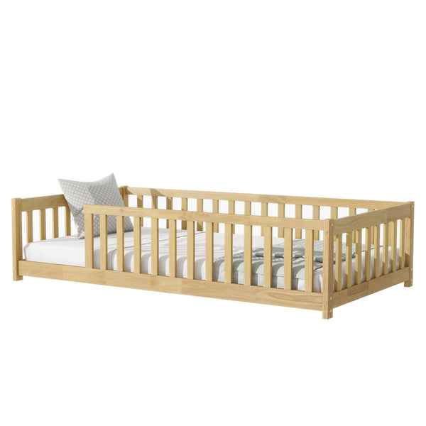 English Elm Twin Size Rubberwood Floor Bed with Safety Fence for Toddler Rooms Natural Finish W504P370528