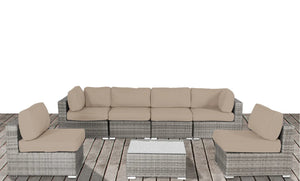 English Elm Luxury Outdoor Patio Sofa Set Grey — All-Weather Wicker Sectional with 14 Cushions, Table, Chairs, Ready to Use B120S00002