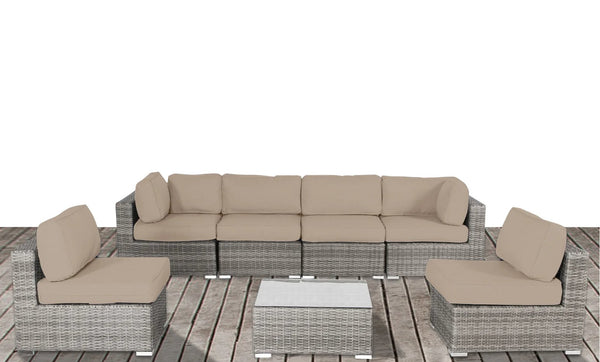 English Elm Luxury Outdoor Patio Sofa Set Grey — All-Weather Wicker Sectional with 14 Cushions, Table, Chairs, Ready to Use B120S00002